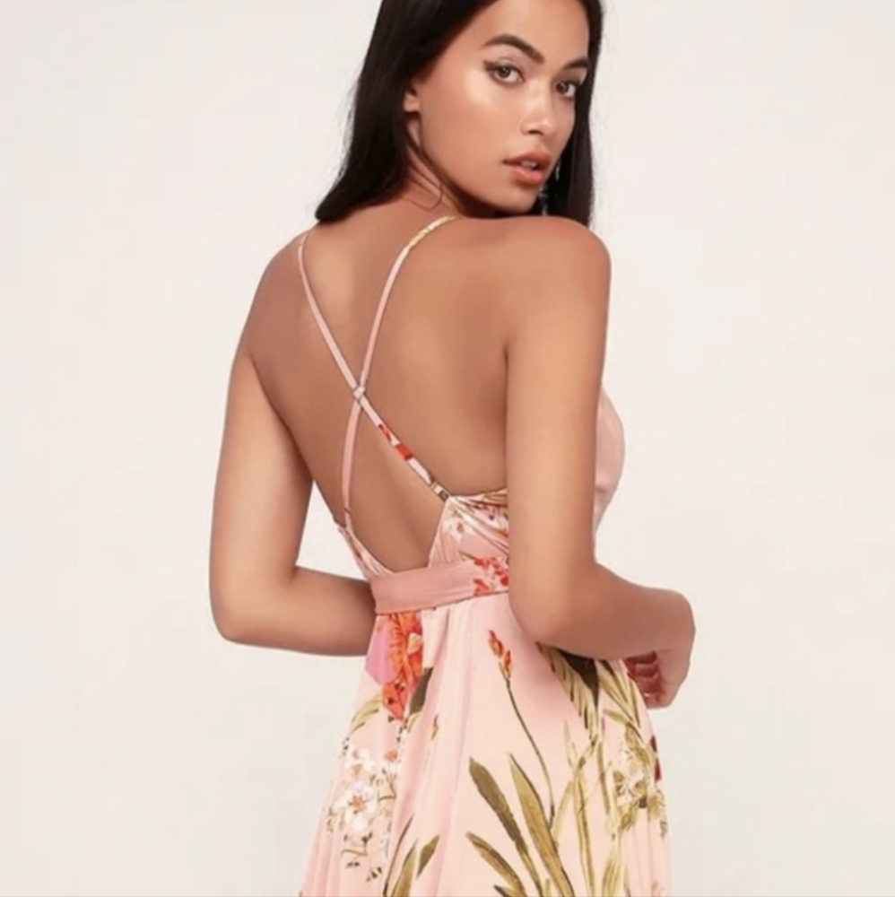 Lulus Still The One Blush Pink Floral Print Satin Maxi Dress - Size L - Picture 3 of 7